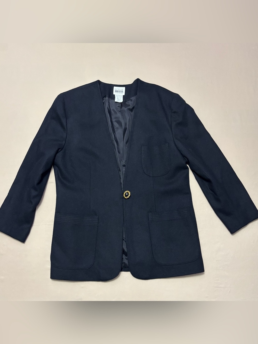 Vintage Leslie Fay Wool Collarless Single-Button Blazer with Gold Accent Size 16